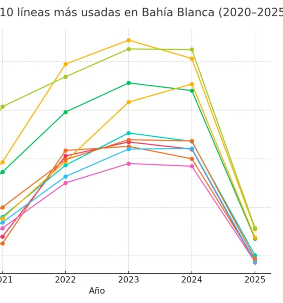 Evolución de las 10 líneas más usadas en Bahía Blanca (2020–2025)