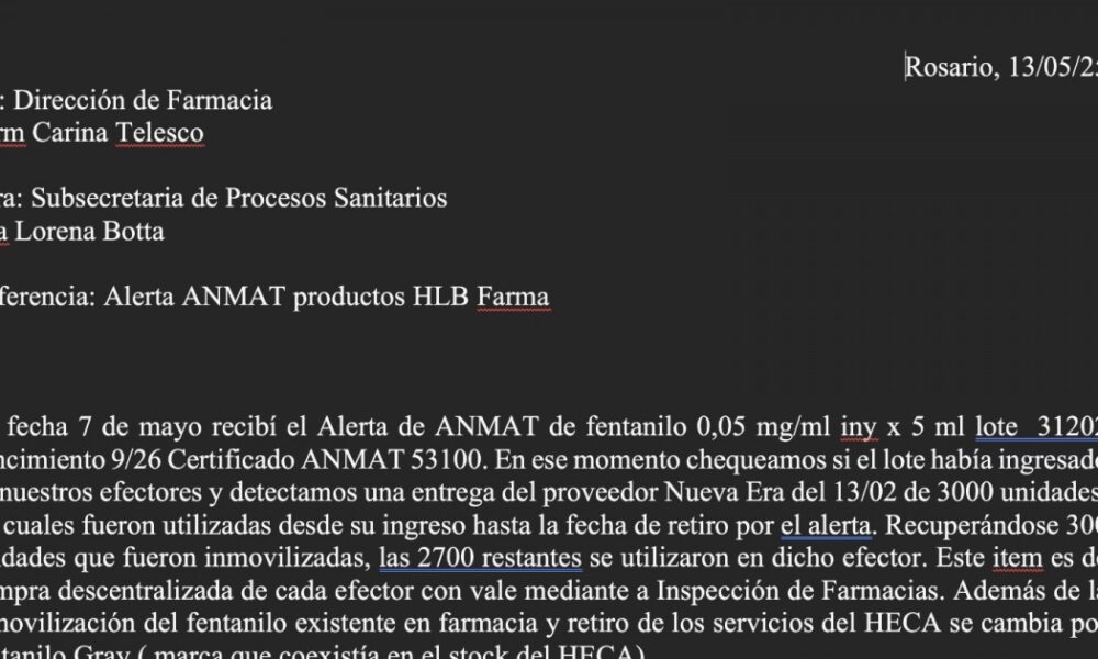 Revelan que Rosario alertó a la Anmat sobre fentanilo contaminado en febrero, sin respuesta hasta mayo.
