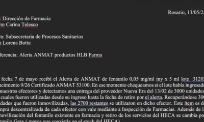 Revelan que Rosario alertó a la Anmat sobre fentanilo contaminado en febrero, sin respuesta hasta mayo.