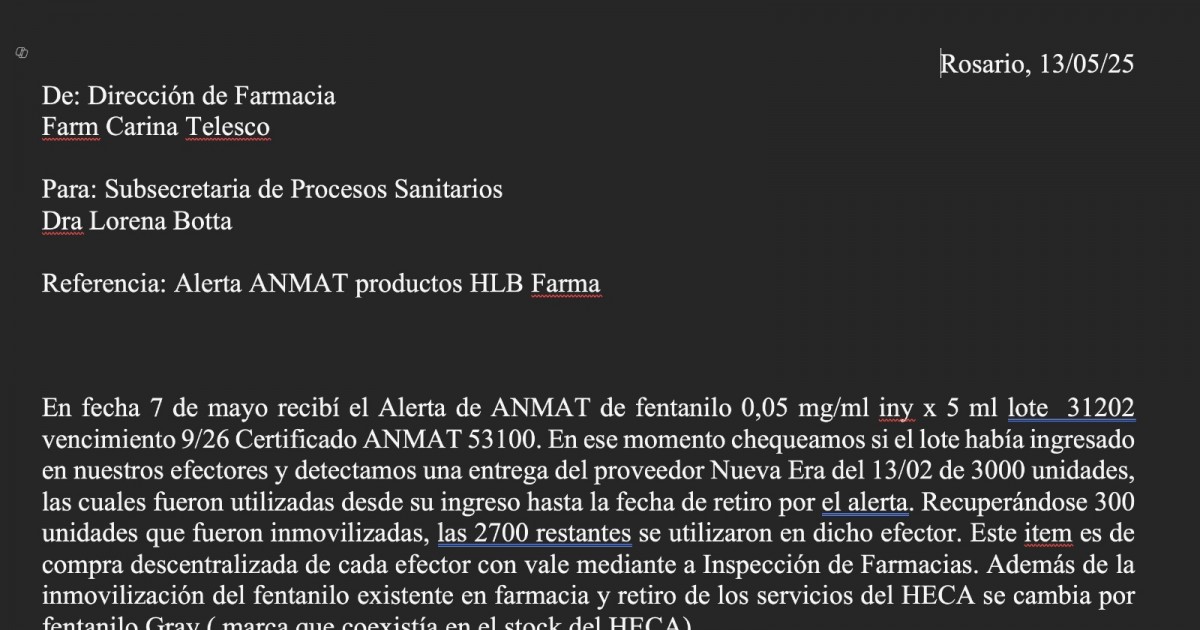 Revelan que Rosario alertó a la Anmat sobre fentanilo contaminado en febrero, sin respuesta hasta mayo.
